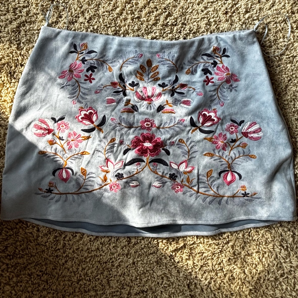 Arula Embroidered Floral Blue Suede Skirt